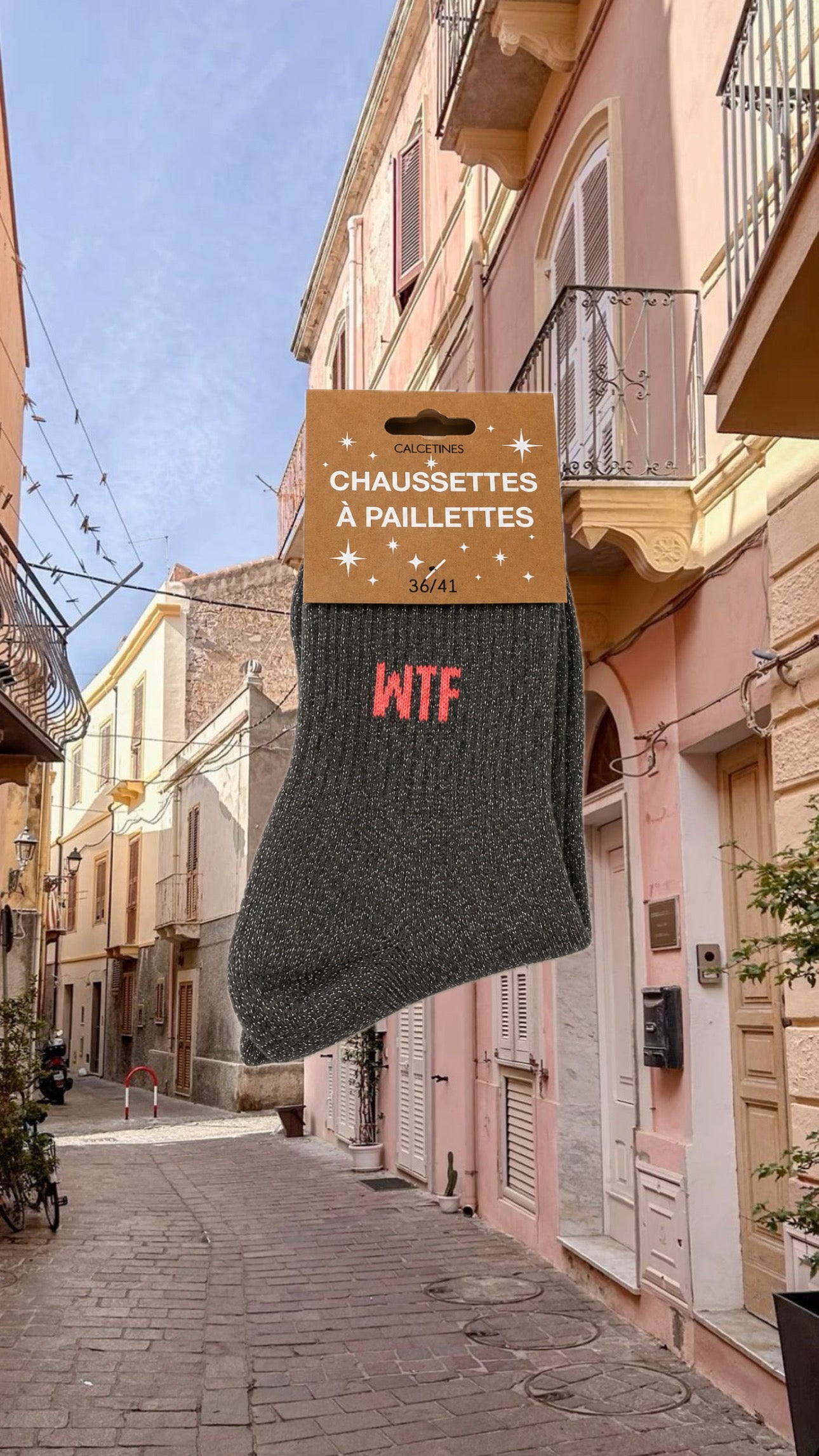 Chaussette à paillettes " wtf "